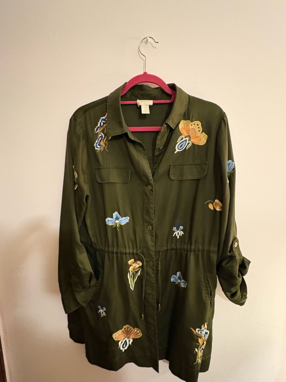 Chico’s Olive Green Embroidered Utility Jacket Size 1 (M)
